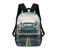 sinyumoney Children's Backpack, 3D Printed Vintage Car Adventure with Pets Backpack, Backpack for Boys Girls, 17 Inch Adjustable Lightweight School Bag for Primary School 17inch