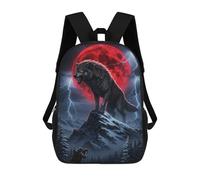 sinyumoney Children's Backpack, 3D Printed Wolf on Mountain with Red Moon Backpack, Backpack for Boys Girls, 17 Inch Adjustable Lightweight School Bag for Primary School 17inch