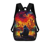 sinyumoney Children's Backpack, Gorilla Watching A Fiery Cityscape Schoolbag Large Capacity Students Bookbag Rucksack Knapsack for Boys Girls Adults Teen 17inch