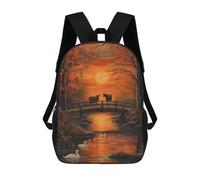 sinyumoney Children's Backpack, Schoolbag Cows in Autumn Sunset Bridge Large Capacity Students Bookbag Rucksack Knapsack for Boys Girls Adults Teen 17inch