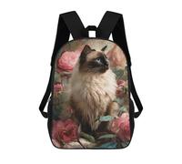sinyumoney Children's Backpack, Schoolbag Siam Cat with Roses-1 Large Capacity Students Bookbag Rucksack Knapsack for Boys Girls Adults Teen 17inch