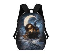 sinyumoney Children's Backpacks Cozy Cabin Under Crescent Moon School Bag 3D Printed Children's School Backpack Fashion Travel Backpacks for Kids School Students 17inch
