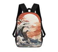 sinyumoney Children's Backpacks Japanese Wave Art with Mountain Backdrop School Bag 3D Printed Children's School Backpack Fashion Travel Backpacks for Kids School Students 17inch