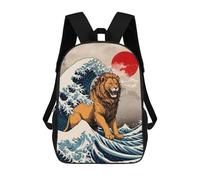 sinyumoney Children's Backpacks Lion Great Wave School Bag 3D Printed Children's School Backpack Fashion Travel Backpacks for Kids School Students 17inch