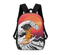 sinyumoney Children's Backpacks Orange Cat Surfing Giant Wave School Bag 3D Printed Children's School Backpack Fashion Travel Backpacks for Kids School Students 17inch