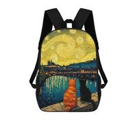 sinyumoney Children's School Backpack Starry Night Cats Romance Teen Fashion Backpack Casual Backpack Boy Girl Teen School Bag 3D Printed Backpack 17inch