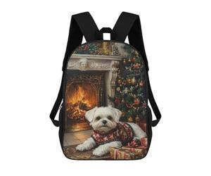 sinyumoney Christmas Maltese Dog by Fireplace Backpack School Bag Secondary Causal Travel High School Bags for School/Work/Travel 17inch