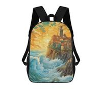 sinyumoney Cliffside Coastal Village Kids Backpack,School Backpack Kids School Bag 3D Printed Cartoon Large Capacity Backpack for Kids Boys And Girls 17inch