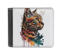 sinyumoney Colorful Cat Portrait Art Print 3D Print PU Leather Wallet Coin Pocket ID Leather RFID Banknote Compartments Purse Youth Guys 11.7cm*9.5cm