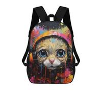 sinyumoney Colorful Cat with Headphones Backpack for School 3D Printed Boys Girls School BagChildren Bookbag Travel Rucksack 17inch