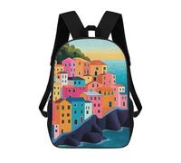 sinyumoney Colorful Coastal Italy Village Painting Backpack School Large School Backpack for Boys - Perfect for Travel, Work And Daily Use 17inch