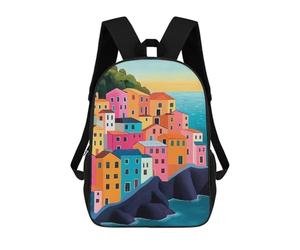 sinyumoney Colorful Coastal Italy Village Painting Backpack School Large School Backpack for Boys - Perfect for Travel, Work And Daily Use 17inch