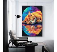 sinyumoney Colorful Dreaming Cat Reflection Art Posters Prints Oil Canvas Mural Painting Lying Sideways Modern Wall Art Bathroom Decor 24x36inch(60x90cm)