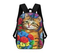 sinyumoney Colorful Flower Cat Painting Children's Backpack, 17 Inch 3D Printed School Backpack, Backpack Cartoon Adjustable School Bag for Primary School