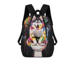 sinyumoney Colorful Husky Reading Newspaper on Toilet School Bags School Secondary High School College Backpack Travel for Boys/Girls/Teenagers 17inch