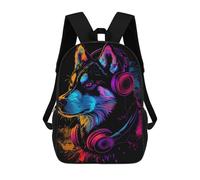 sinyumoney Colorful Neon Wolf Headphones Art Print Rucksack Travel College Rucksack Backpacks for Teenage Girls Boys Women Men 17inch