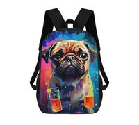 sinyumoney Colorful Pug with Drinks Backpacks 3D Printed 17inch Kids School Backpack Outdoor Casual Daypack Casual Travel Bags for Middle School Students