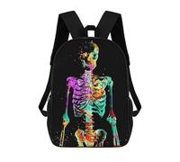 sinyumoney Colorful Watercolor Skeleton on Black Background Children's Backpack, 3D Printed School Backpack, Backpack for Boys Girls, Adjustable School Bag for Primary School 17inch