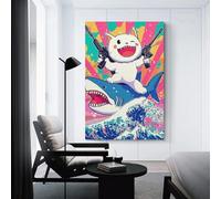 sinyumoney Cool Cat on Shark with Guns Art Poster Print-denoise-denoise Wall Art Poster Scroll Canvas Painting Picture Living Room Decor Home 16x24inch(40x60cm)