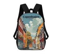 sinyumoney Copenhagen Denmark Cityscape Art Print Children's Backpack, 3D Printed School Backpack, Backpack for Boys Girls, Adjustable School Bag for Primary School 17inch