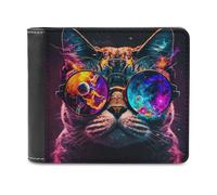 sinyumoney Cosmic Cat Glasses Art 3D Print Clutch Purse Coin Pocket ID Leather RFID Slots Note Section Leather Men's Wallet 11.7cm*9.5cm