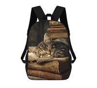 sinyumoney Cozy Cat Nap on Books -1 3D Printed 17inch School Bag Children's School Backpack Travel Backpacks Casual Fashion Bag for Kids School Students