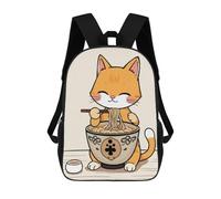 sinyumoney Cute Cat Eating Ramen Kids School Backpack School Bag 3D Printed School Bag for Boys Elementary And Middle School Students 17inch