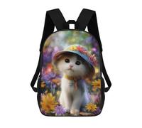 sinyumoney Cute Kitten with Floral Hat Backpack School Lightweight Casual Daypack School Backpacks for School/Work/Travel 17inch
