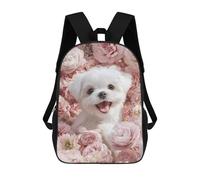 sinyumoney Cute White Dog Surrounded by Pink Flowers 3D Printed 17 Inch School Backpack Casual Children's Backpacks 3D Printed for Boys Elementary And Middle