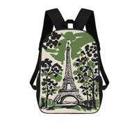 sinyumoney Eiffel Tower Illustration with Trees Children's Backpack, 17 Inch 3D Printed School Backpack, Backpack Cartoon Adjustable School Bag for Primary School