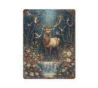 sinyumoney Enchanted Forest Deer Scene-1 Iron Water Proof Wall Art Decoration for Bar Kitchen Garden Iron Wall Art Decoration 15.7"x11.8"