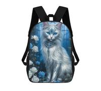 sinyumoney Enchanted White Cat with Blue Roses Backpacks, Kids Backpack Student School Bag 3D Printed Travel Backpacks Fashion Accessory Backpack Children Waterproof School Bags 17inch