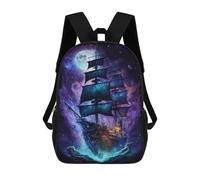 sinyumoney Fantasy Sailing Ship in Space Children's Backpack, 17 Inch 3D Printed School Backpack, Backpack Cartoon Adjustable School Bag for Primary School