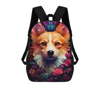 sinyumoney Floral Corgi Portrait Backpack School Bag Large School Backpack for Boys - Perfect for Travel, Work And Daily Use 17inch