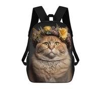 sinyumoney Floral Crown Cat Portrait 3D Printed Children's School Backpack for Kids High Capacity Travel Rucksacks Book Bags Kids School Bag Back Pack 17inch
