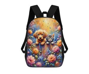 sinyumoney Floral Fence with Cute Puppy And Kitten Backpack School Rucksack Casual Daypacks School Work Travel Bag- Perfect for Travel, Work And Daily Use 17inch