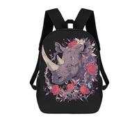 sinyumoney Floral Rhino Illustration on Black Background 17 Inch Kids Backpack Fashion Fun Backpack Book Bag for Boys And Teenager 3D Printed for Boys