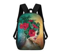 sinyumoney Floral Woman Portrait Art Print 17 Inch Backpacks Kids Schoolbag,3D Printed Elementary And Middle School Students Backpacks for Boys Girls