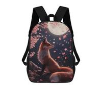 sinyumoney Fox Under The Moonlight with Cherryblossoms Children's Backpack, 17 Inch 3D Printed School Backpack, Backpack Cartoon Adjustable School Bag for Primary School