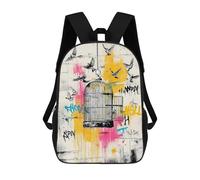 sinyumoney Freedom Birds - Open Cage Graffiti Street Art Backpack 3D Printed Children's School Backpack Kids Travel Backpacks High Capacity Book Bags Children's Backpack Rucksack 17inch