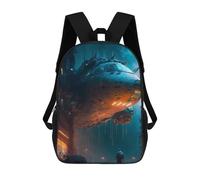sinyumoney Futuristic Cityscape with Hovering Spaceship 3D Printed Kids Backpacks Boys Fashion School Bag Travel Backpacks School Bags for Boys Elementary School Students 17inch