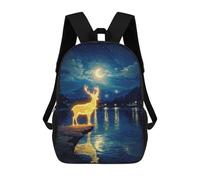 sinyumoney Glowing Deer by Lake at Night Kids School Backpack School Bag 3D Printed School Bag for Boys Elementary And Middle School Students 17inch