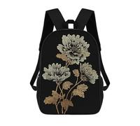 sinyumoney Golden Floral Illustration on Black Background 3D Printed Kids School Bag Rucksacks Children's School Fashion Casual Back Pack High Capacity Travel Book Bags Backpack for Kids 17inch