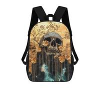 sinyumoney Golden Skull with Flowers Art Print-3 Children's Backpacks School Backpack 3D Printed for Kids Travel Rucksacks Book Bags Kids 17inch School Bag