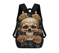 sinyumoney Golden Skull with Roses Kids School Backpack School Bag 3D Printed School Bag for Boys Elementary And Middle School Students 17inch