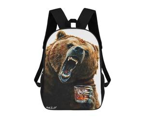 sinyumoney Grizzly Nights, Angry Bear with Whiskey School Bag Bookbag 3D Printed Children's Backpacks for Kids Boy Girl Book Bags Kids School Bag Travel Rucksacks 17inch