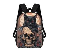 sinyumoney Halloween Black Cat on Skull -2 Backpacks, Kids Backpack Student School Bag 3D Printed Travel Backpacks Fashion Accessory Backpack Children Waterproof School Bags 17inch