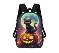 sinyumoney Halloween Black Cat Pumpkin Scene Children's Backpack, 17 Inch 3D Printed School Backpack, Backpack Cartoon Adjustable School Bag for Primary School