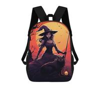 sinyumoney Halloween Witch with Black Cat -1 3D Printed 17 Inch School Backpack Children's Backpacks 3D Printed Cool Knapsack for Boys Elementary And Middle