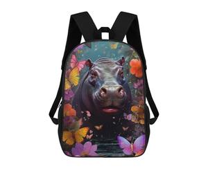 sinyumoney Hippopotamus in A Floral Paradise School Bags Large Lightweight Casual Backpack for Camping Outdoor Adventures And Daily Travel 17inch